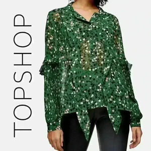 NWT TOPSHOP Tie Neck Button Down Printed Chiffon Pleated Sleeve Top